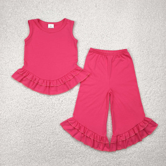 RTS NO MOQ Baby Girls Summer Kids Sets GSPO2009 Pink Sleeveless Ruffle Top Bell Bottom Pants Sets