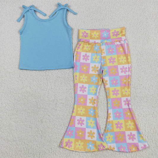 5.26 RTS NO MOQ Baby Girls Summer Kids Sets GSPO2017 Blue Top Flowers Plaid Bell Bottom Pants Sets
