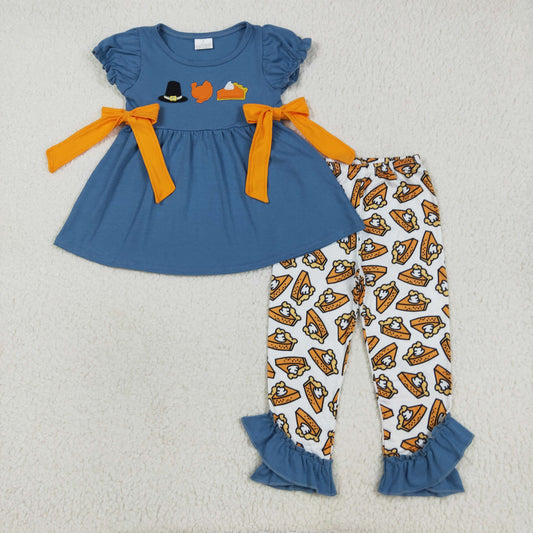7.23 RTS NO MOQ Baby Girls Summer Kids Sets GSPO2028 Navy Thanksgiving Turkey Tunic Ruffle Pants Sets