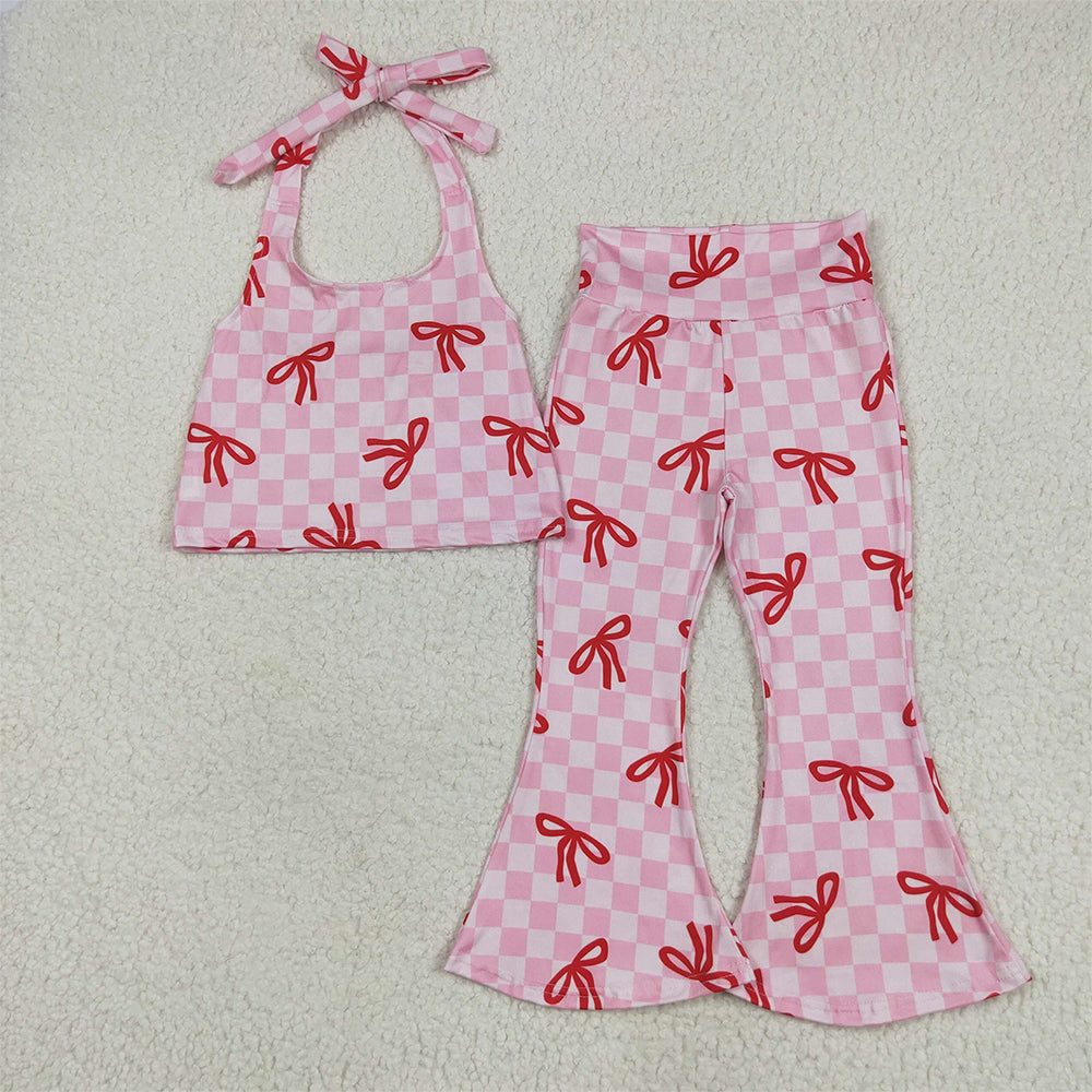 6.5 RTS NO MOQ Baby Girls Summer Kids Sets GSPO2030 Strap Pink Plaid Vest Halter Top Bell Bottom Pant Sets