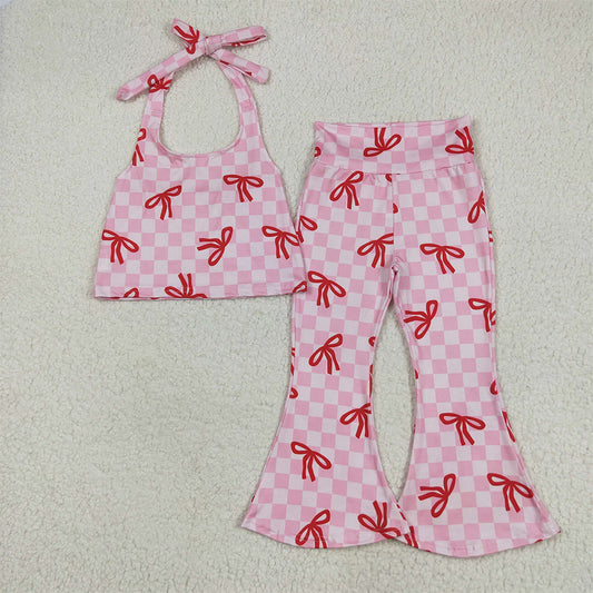 6.5 RTS NO MOQ Baby Girls Summer Kids Sets GSPO2030 Strap Pink Plaid Vest Halter Top Bell Bottom Pant Sets