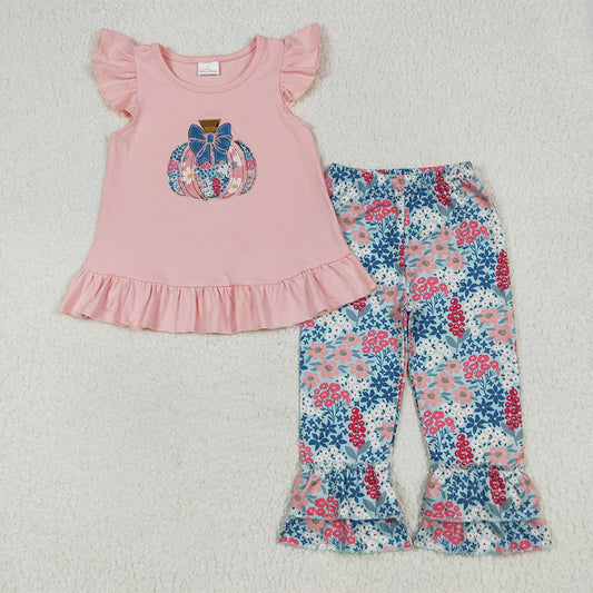 7.1 RTS NO MOQ Baby Girls Summer Kids Sets GSPO2032 Pink Flutter Sleeves Floral Pumpkin Tunic Ruffle Pants Sets