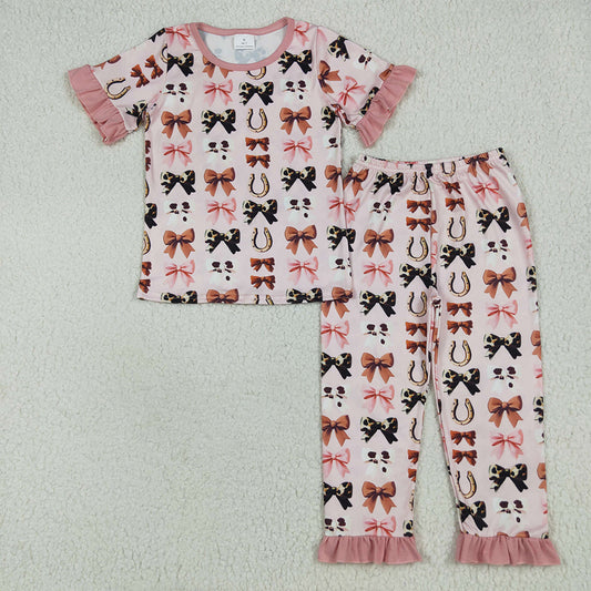 6.19 RTS NO MOQ Baby Girls Summer Kids Sets GSPO2035 Pink Short Ruffle Sleeves Bows Horse Shoes Top Pant Pajamas Sets