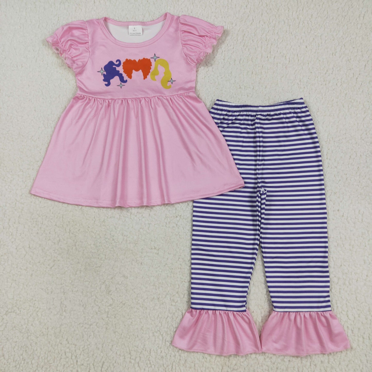 7.23 RTS NO MOQ Baby Girls Summer Kids Sets GSPO2043 Pink Halloween Princess Hair Tunic Stripe Ruffle Pants Sets
