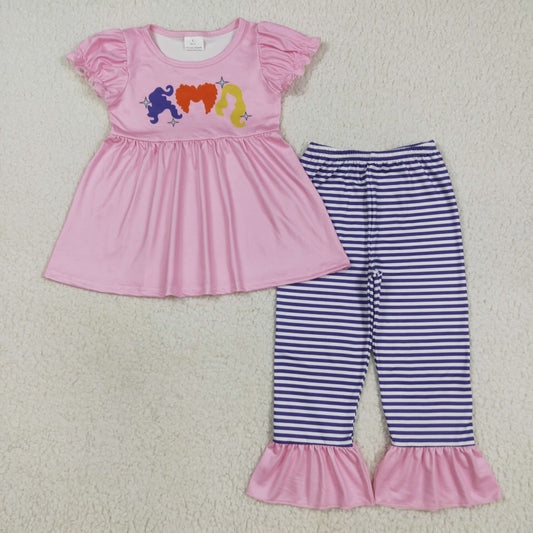 7.23 RTS NO MOQ Baby Girls Summer Kids Sets GSPO2043 Pink Halloween Princess Hair Tunic Stripe Ruffle Pants Sets