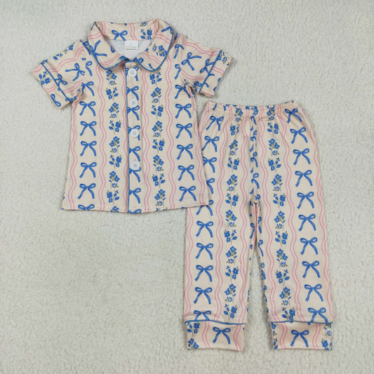 7.23 RTS NO MOQ Baby Girls Summer Kids Sets GSPO2050 Short Sleeves Blue Bows Flower Stripe Top Pants Pajamas Sets