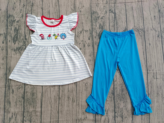 ( No moq ) Preorder Baby Girls Short Sleeves Stripes Reading Tunic Blue Ruffle Pants Clothes Set