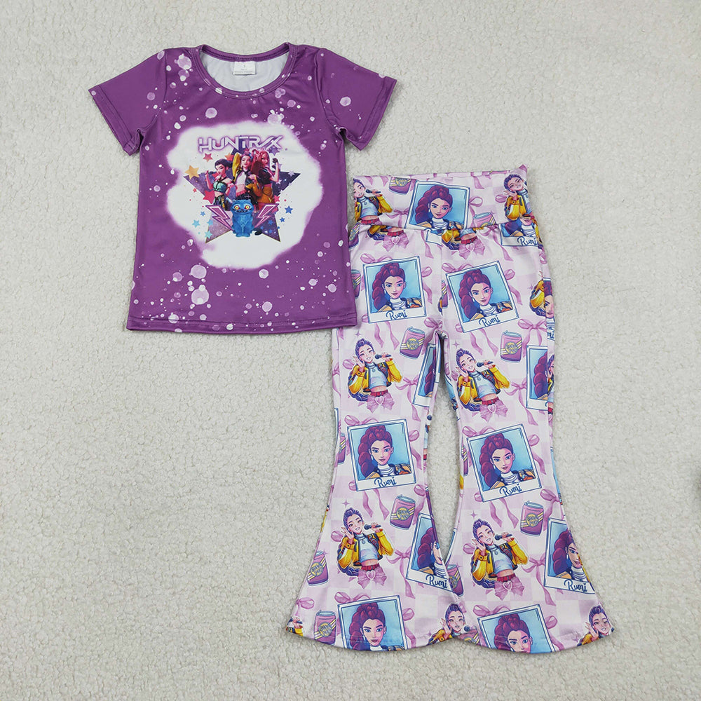 RTS Sibling Baby Girls Adult Women Short Sleeves Singer Characters Purple Bows Dress Family Pajamas Set
