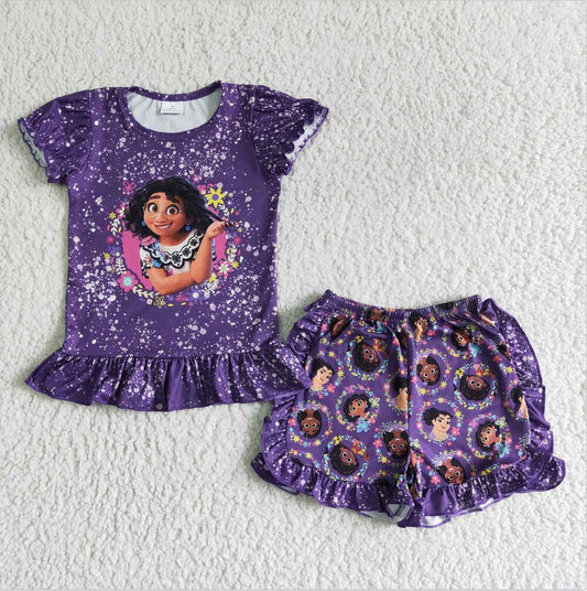 GSSO0003 Purple Cartoon Wholesale Kid Ruffle Summer Boutique Outfits