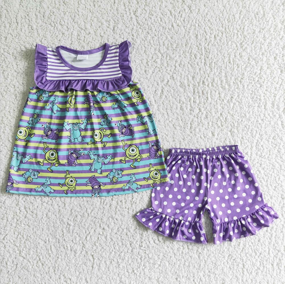 GSSO0068 purple cartoon girl Wholesale In Stock Clothing Kid Summer Boutique Outfits