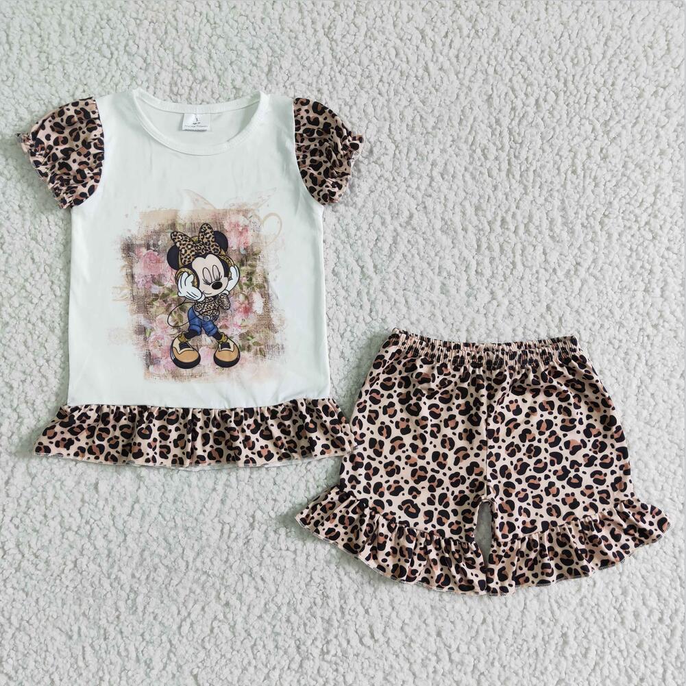 GSSO0079 leopard cartoon girl Wholesale In Stock Clothing Kid Summer Boutique Outfits