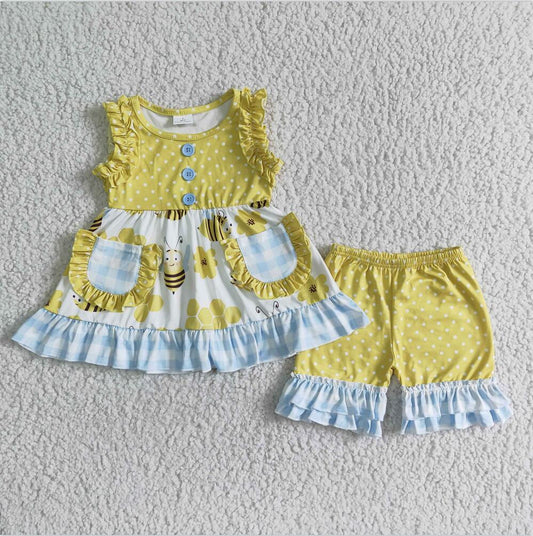 GSSO0086 Yellow Bee Girls Summer Children Clothing Sets Kid Summer Boutique Outfits