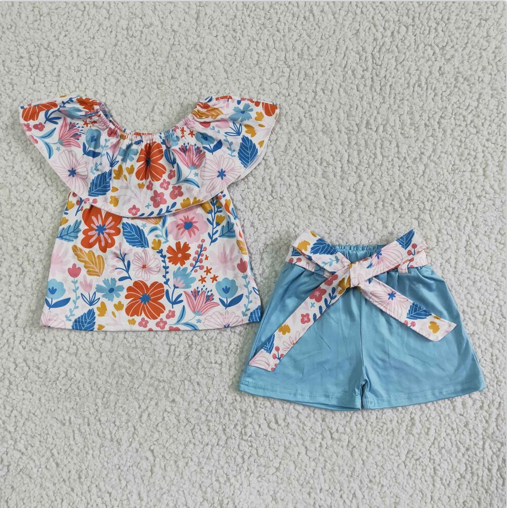 GSSO0099 Blue Floral Wholesale In Stock Clothing Kid Summer Boutique Outfits