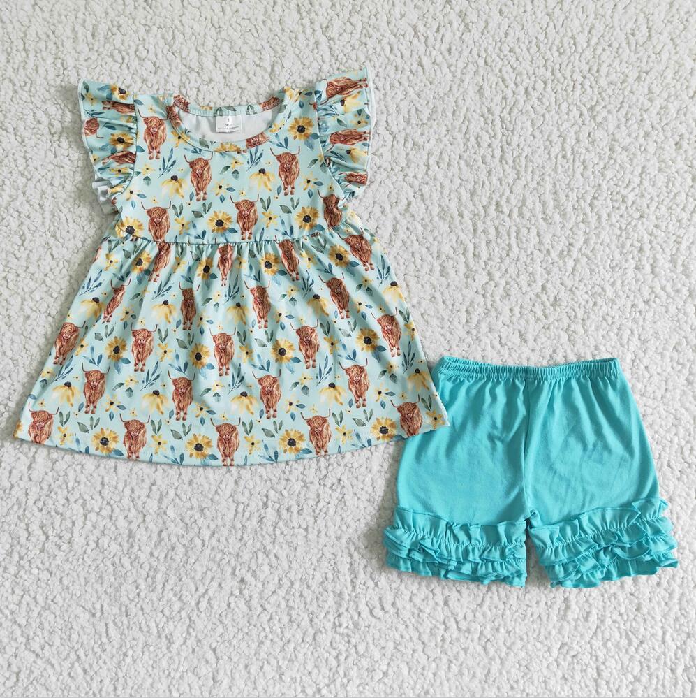 GSSO0106 Blue Cow Wholesale In Stock Clothing Kid Summer Boutique Outfits