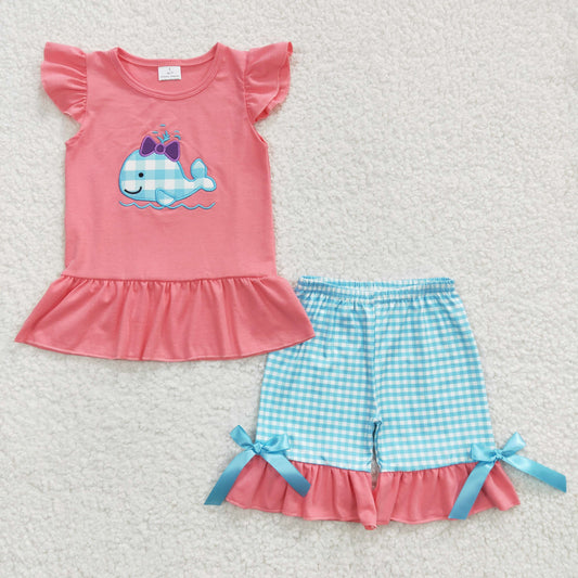 7.26 RTS NO MOQ Baby Girls Summer Sets GSSO0150 Whale Ruffle Summer Shorts Sets