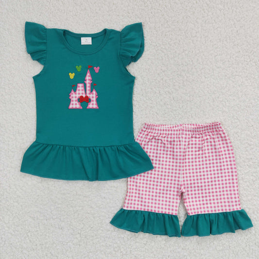 RTS NO MOQ Baby Girls Summer Sets GSSO0151 Castle Embroidery Plaid Ruffle Shorts Sets