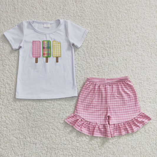 7.26 RTS NO MOQ Baby Girls Summer Sets GSSO0157 Summer Embroidery Cotton Popsicle Shirt Shorts Sets