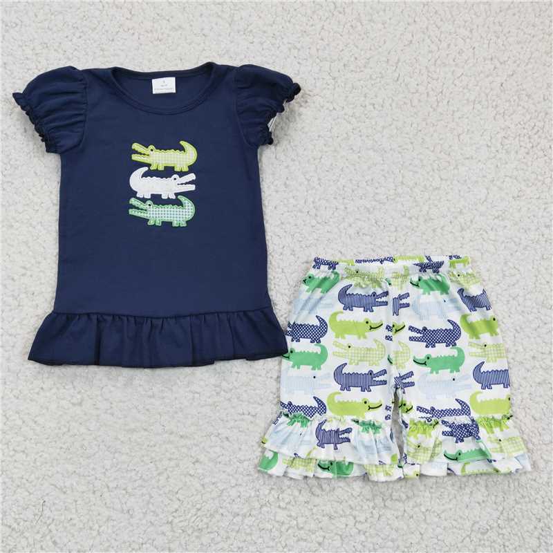 5.14 RTS NO MOQ Summer Sibling Baby Girls Boys Crocodile Embroidery Cotton Shorts Sets