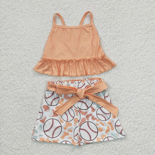 RTS NO MOQ Baby Girls Summer Sets GSSO0172 Baseball Stripe Top Belt Shorts Clothes Sets