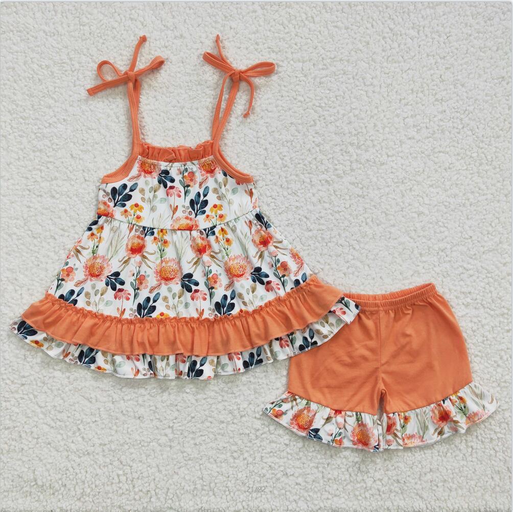 GSSO0194 Orange Floral Cute Summer Children Clothing Kid Summer Boutique Outfits