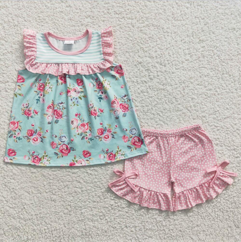 GSSO0215  Floral Summer Children Clothing Kid Summer Boutique Outfits