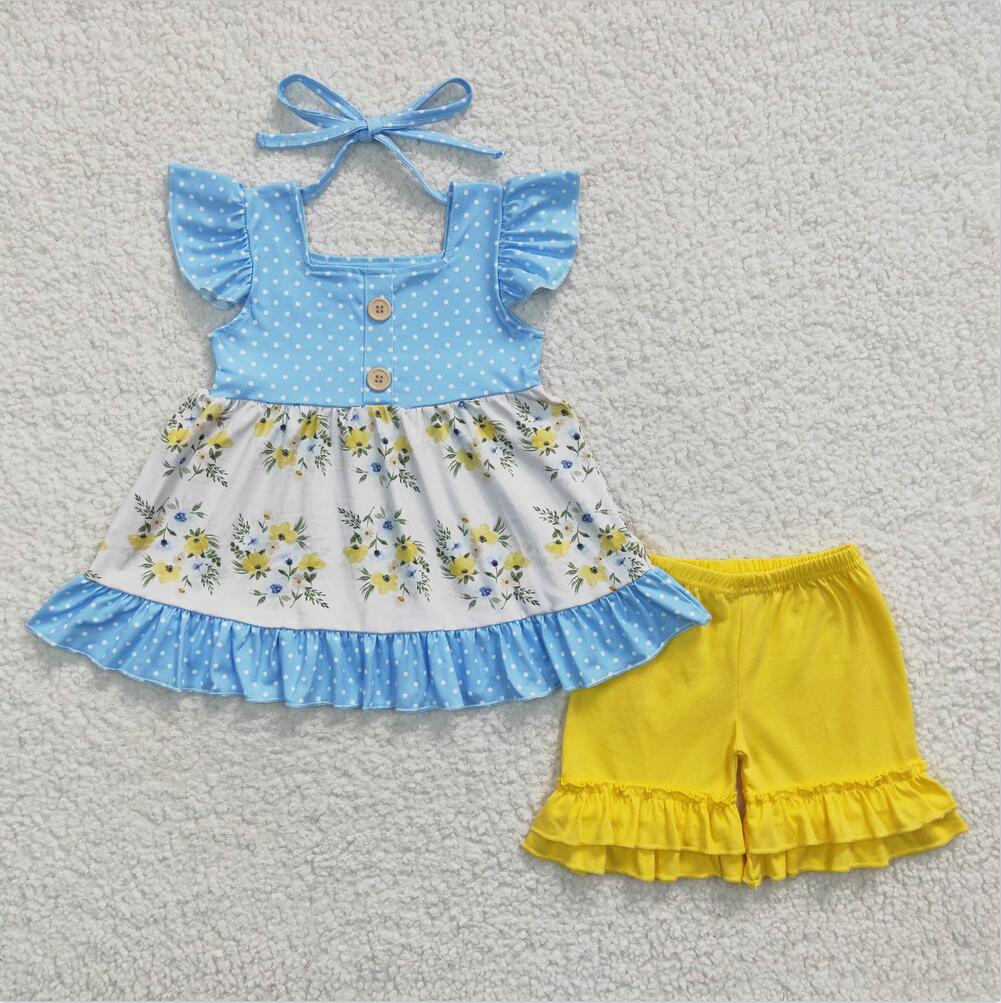 GSSO0220 Blue Floral Summer Children Clothing Kid Summer Boutique Outfits