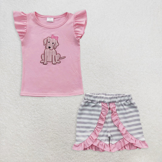 6.2 RTS NO MOQ Baby Girls Summer Sets GSSO0223 Pink Dog Shirt Stripe Shorts Sets