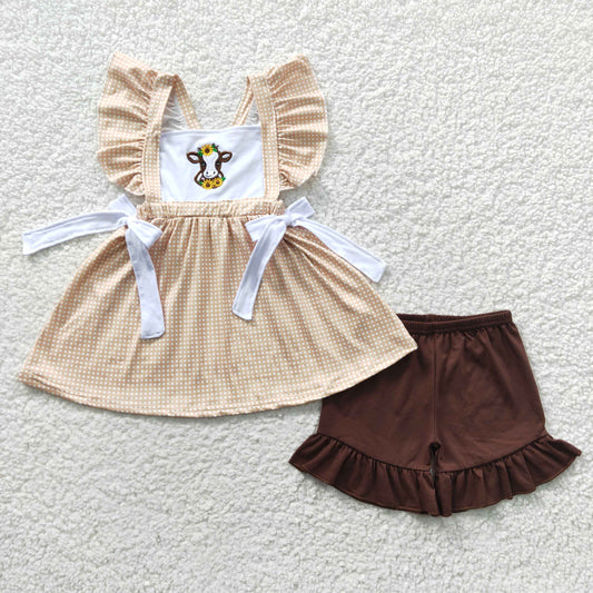 6.28 RTS NO MOQ Baby Girls Summer Sets GSSO0233 Western Sunflower Cow Tunic Shorts Sets