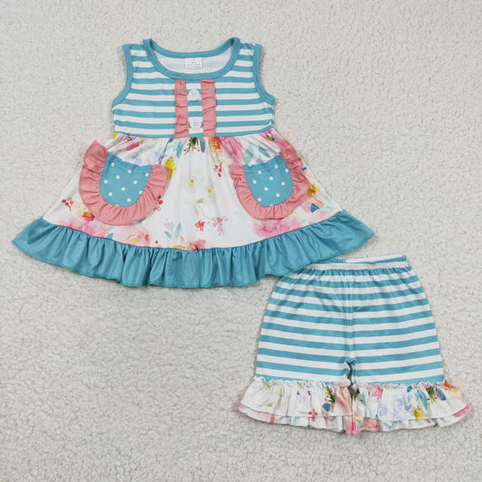 6.28 RTS NO MOQ Baby Girls Summer Sets GSSO0240 Blue Stripe Flowers Tunic Ruffle Shorts Clothes