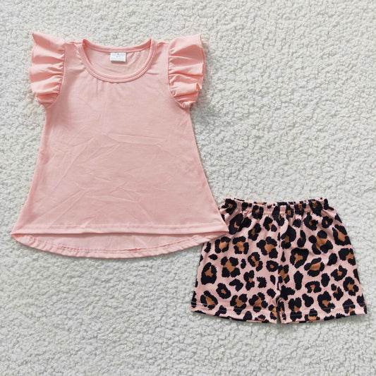 RTS NO MOQ Baby Girls Summer Sets GSSO0246 Cotton Pink Tunic Leopard Shorts Sets