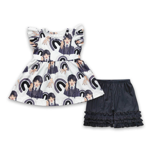RTS NO MOQ Baby Girls Summer Sets GSSO0259 Black Movie Flutter Sleeve Tunic Rainbow Shirt Shorts Sets