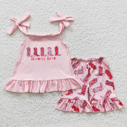 RTS NO MOQ Baby Girls Summer Sets GSSO0270 Howdy Love Short Boots Ruffle Shorts Sets