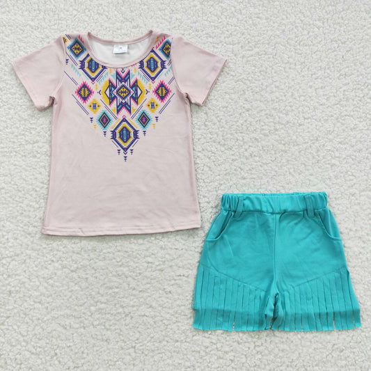 RTS NO MOQ Baby Girls Summer Sets GSSO0272 Aztec Top Tassel Ruffle Shorts Sets
