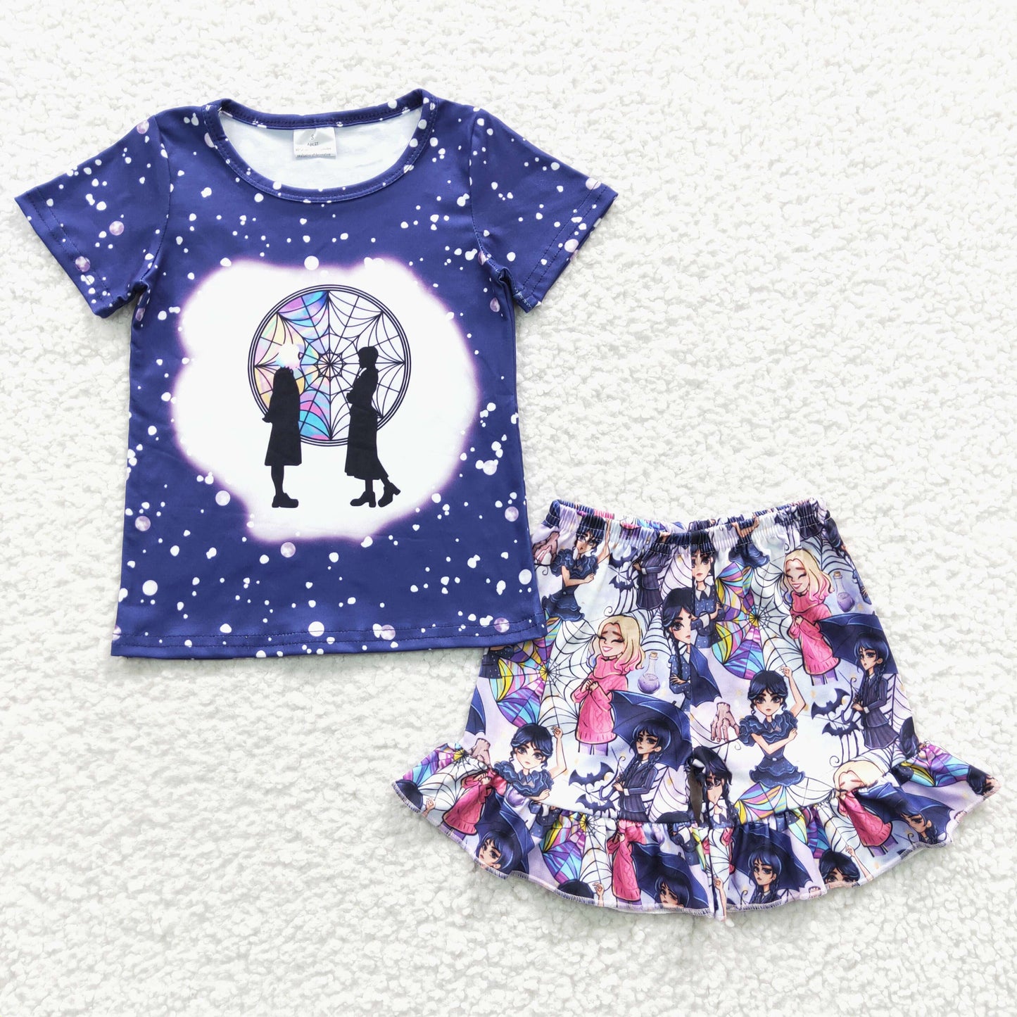 RTS NO MOQ Baby Girls Summer Sets GSSO0296 Black Movie Bleached Shirt Ruffle Shorts Clothes