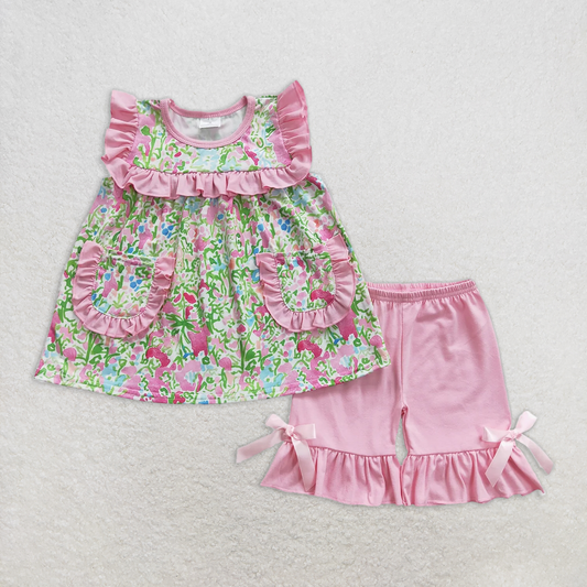 RTS NO MOQ Baby Girls Summer Sets GSSO0338 Pink pockets Tunic Ruffle Green Flowers Shorts Clothes Sets