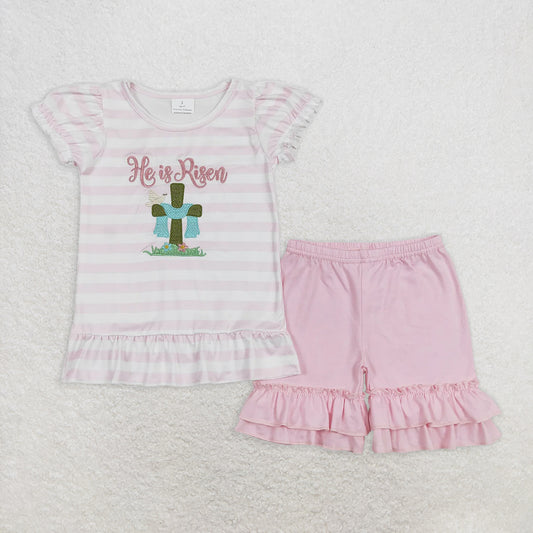 5.13 RTS NO MOQ Baby Girls Summer Sets GSSO0382 Easter He Is Risen Shirt Tee Pink Shorts Clothes Sets