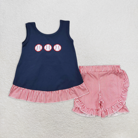 RTS NO MOQ Baby Girls Summer Sets GSSO0405 Baseball Sleeveless Tunic Tops Ruffle Shorts Outfits Clothes Sets