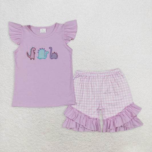 RTS NO MOQ Baby Girls Summer Sets GSSO0411 Lavender Dinosaur Top Checkered Shorts Clothes Sets