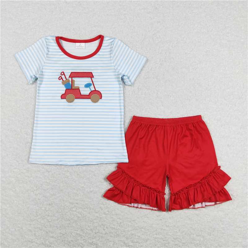 RTS NO MOQ Summer Sibling Baby Girls Red Short Sleeve Golf Rompers Outfits Clothes Sets