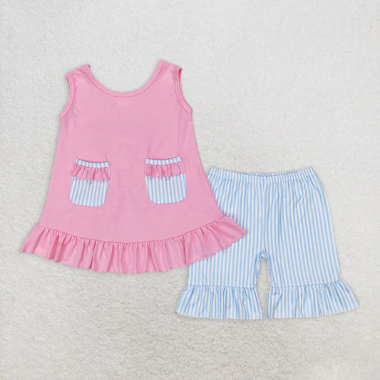 RTS NO MOQ Baby Girls Summer Sets GSSO0438 Pink Pocket Tunic Ruffle Shorts Outfits Clothing Sets