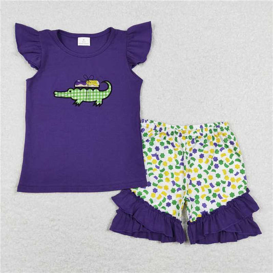 5.14 RTS NO MOQ Summer Sibling Baby Girls Boys Mardi Gras Crocodile Purple Shirt Shorts Outfits Clothing Sets