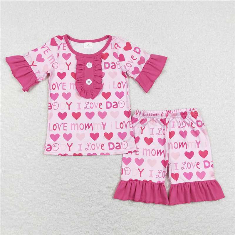 RTS NO MOQ Summer Sibling  Baby Girls Boys  I Love Mom Dad Shirts Shorts Pajamas Clothing Sets