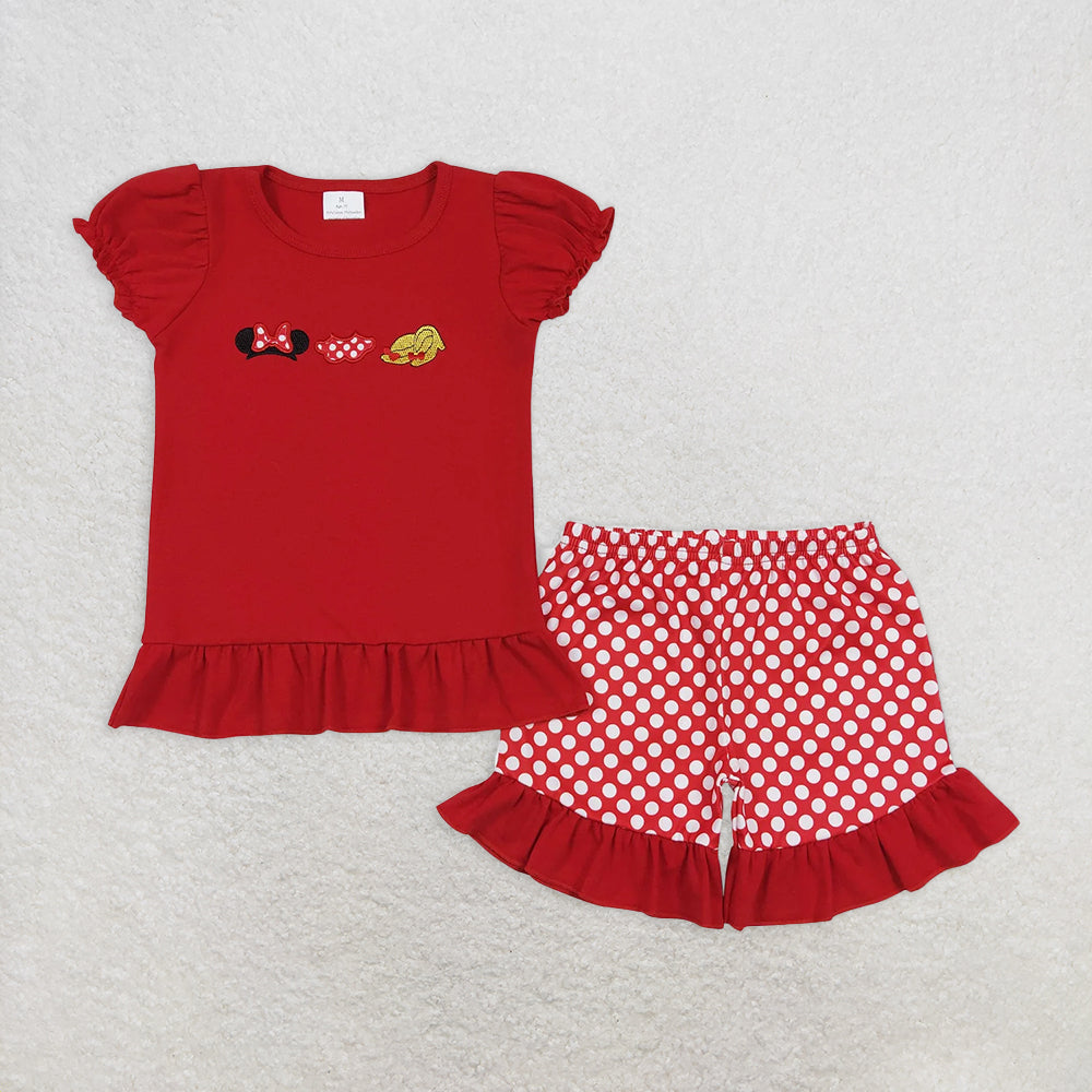 RTS NO MOQ Baby Girls Summer Sets GSSO0450 Red Bows Shoes Tee Shirts Shorts Outfits Clothes Sets