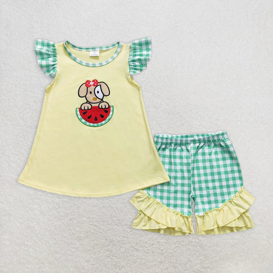 RTS NO MOQ Baby Girls Summer Sets GSSO0483 Dog Watermelon Flutter Sleeve Tunic Summer Shorts Clothes Sets