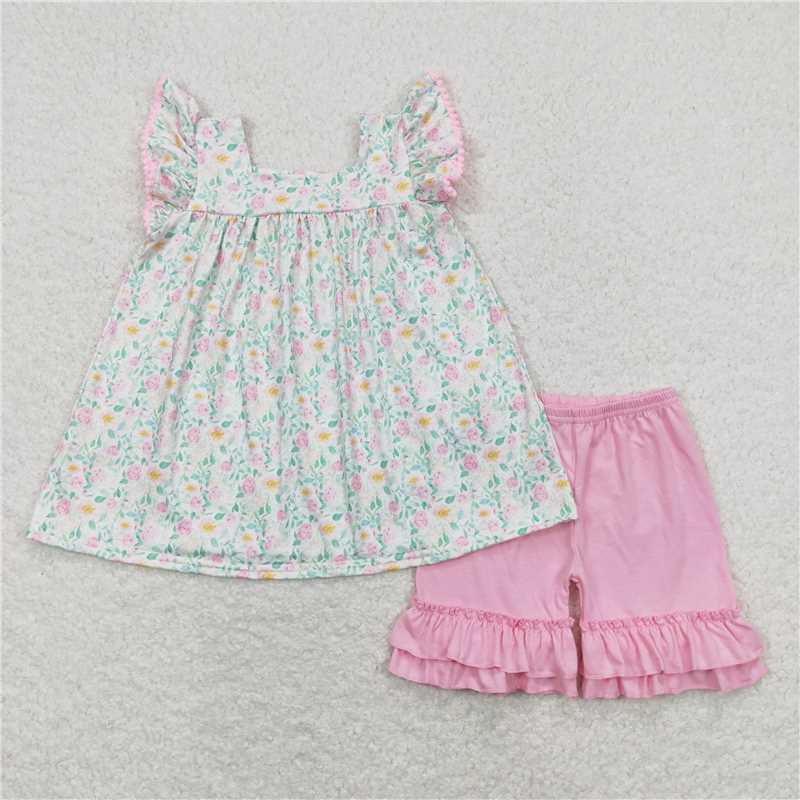 RTS NO MOQ Summer Sibling Baby Girls Pink Flowers Tops Ruffle Shorts Rompers Clothes Sets