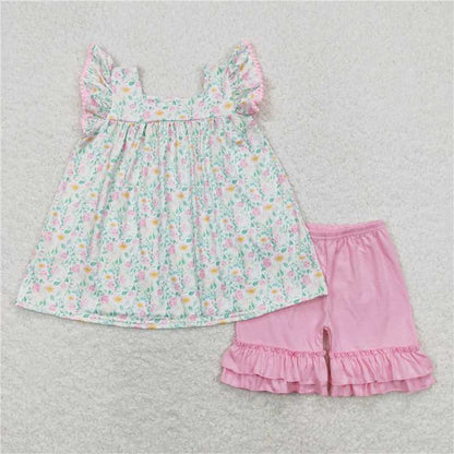 RTS NO MOQ Summer Sibling Baby Girls Pink Flowers Tops Ruffle Shorts Rompers Clothes Sets
