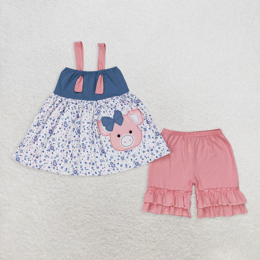 RTS NO MOQ Baby Girls Summer Sets GSSO0493 Pink Straps Pig Tunic Top Ruffle Shorts Outfits Sets