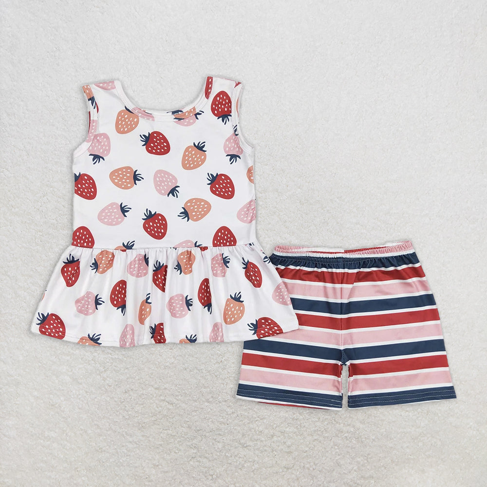 RTS NO MOQ Baby Girls Summer Sets GSSO0505 Strawberry Tunic Top Stripes Shorts Outfits Summer Clothes Sets
