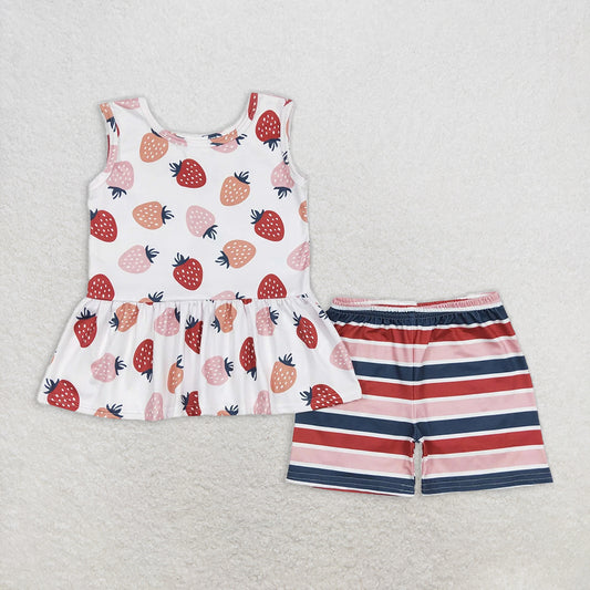 RTS NO MOQ Baby Girls Summer Sets GSSO0505 Strawberry Tunic Top Stripes Shorts Outfits Summer Clothes Sets