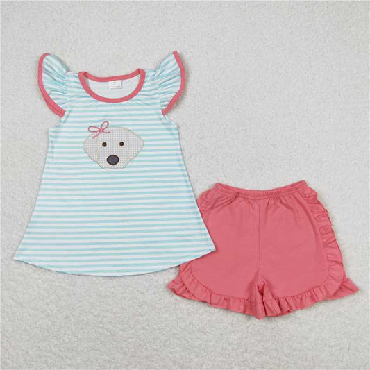 5.14 RTS NO MOQ Summer Sibling Baby Girls Flutter Sleeve Stripes Dog Tunic Top Shorts Clothes Sets